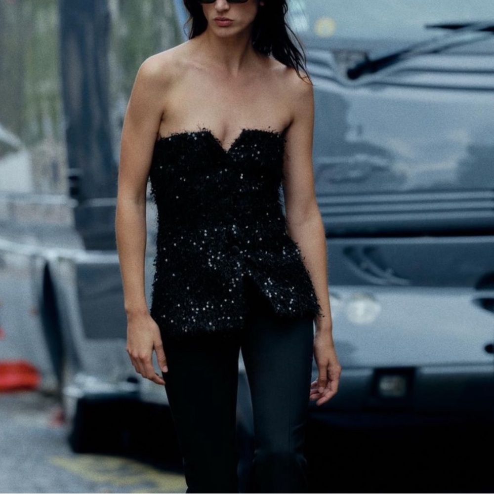 ZARA Fringe And Sequin Bustier Black  Top S NWT